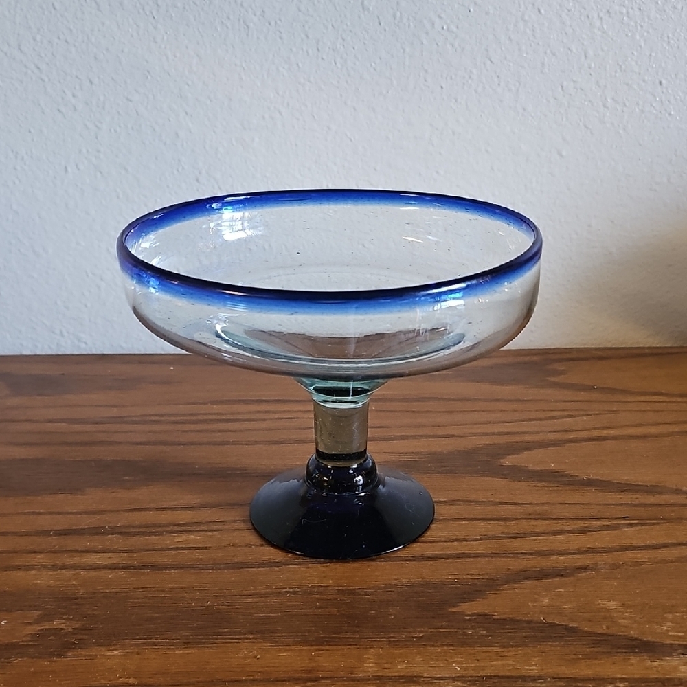 Oversized Hand Blown Margarita Glass/Bowl Cobalt Blue Rim Mexican Barware